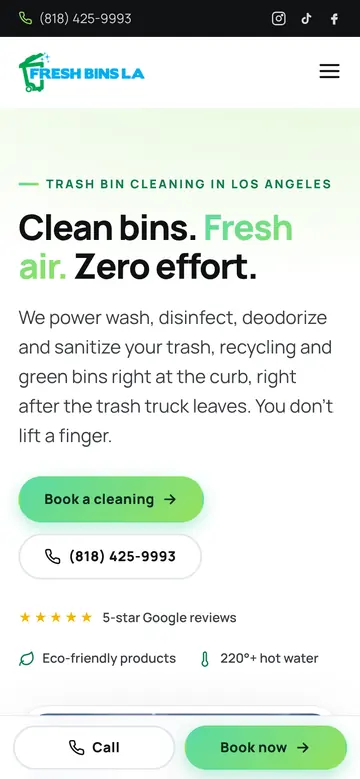 Fresh Bins LA homepage on a phone