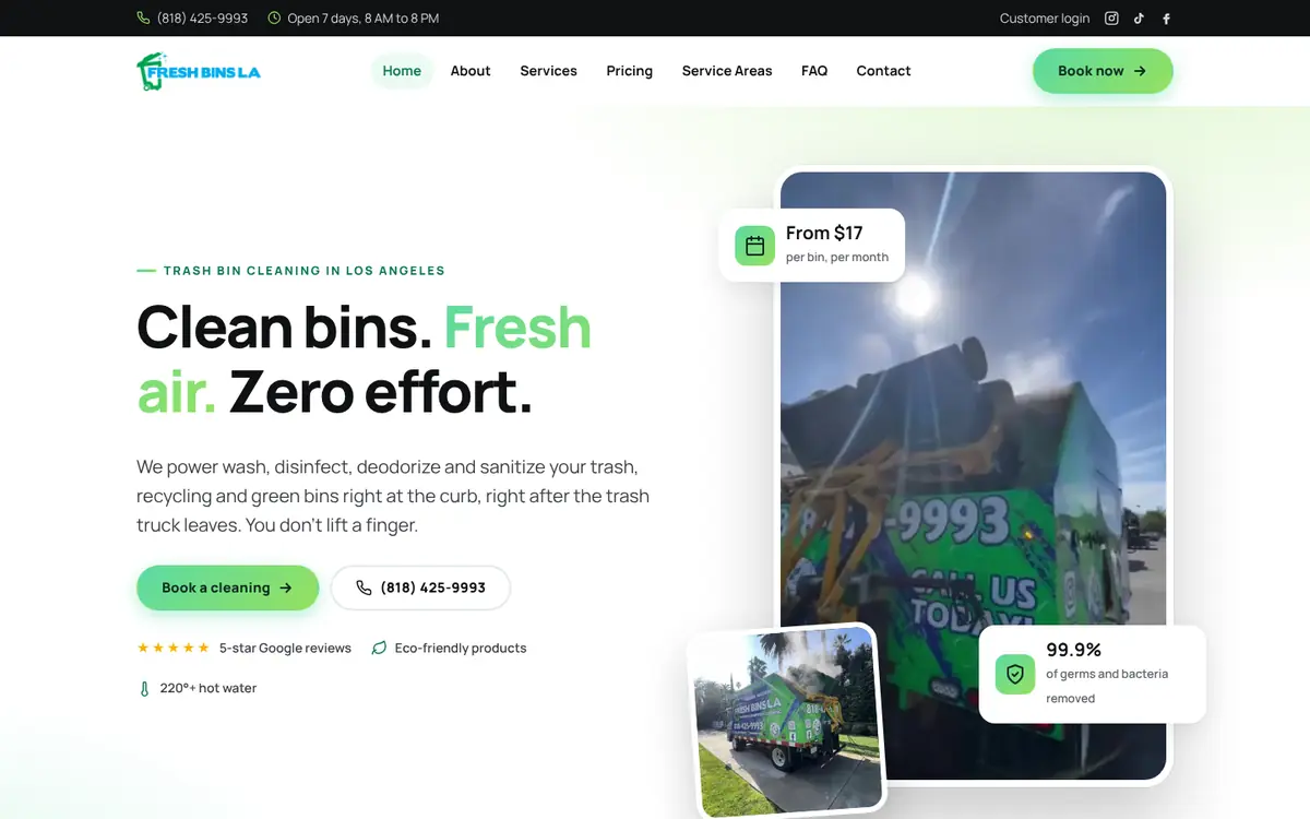 Fresh Bins LA homepage on desktop
