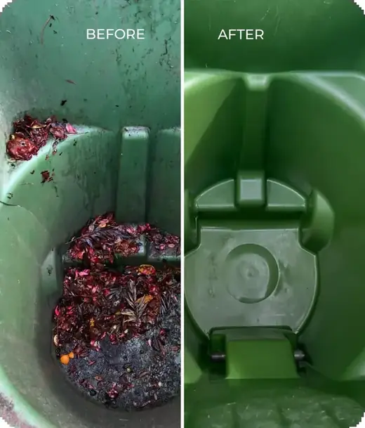 Inside of a green waste cart before and after a Zafra cleaning
