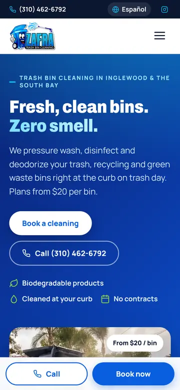 New Zafra Trash Bin Cleaning homepage on a phone