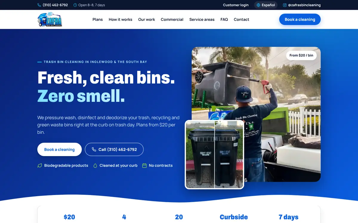 New Zafra Trash Bin Cleaning homepage on desktop